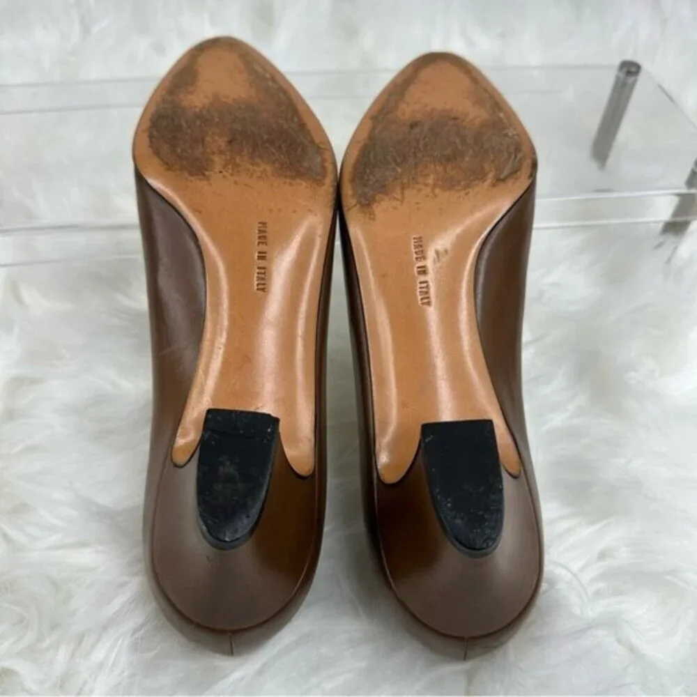 Salvatore Ferragamo Brown Leather Lizard‎ Cap Toe Pumps Block Heel 6.5 B Italy